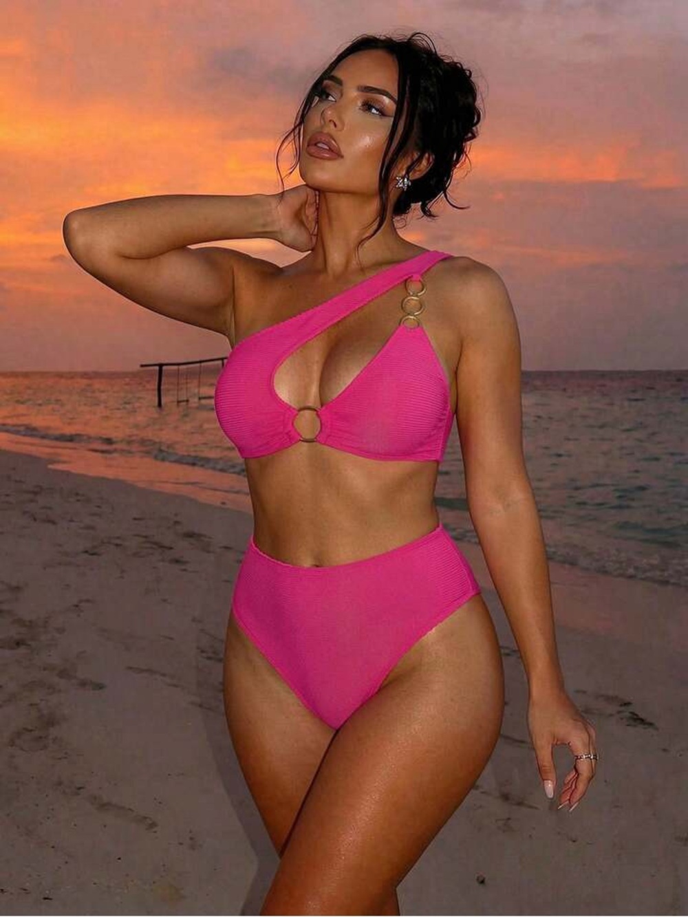 SHEIN One-Shoulder Ring-Accent Bikini Set in Fuchsia - Picture 7 of 8